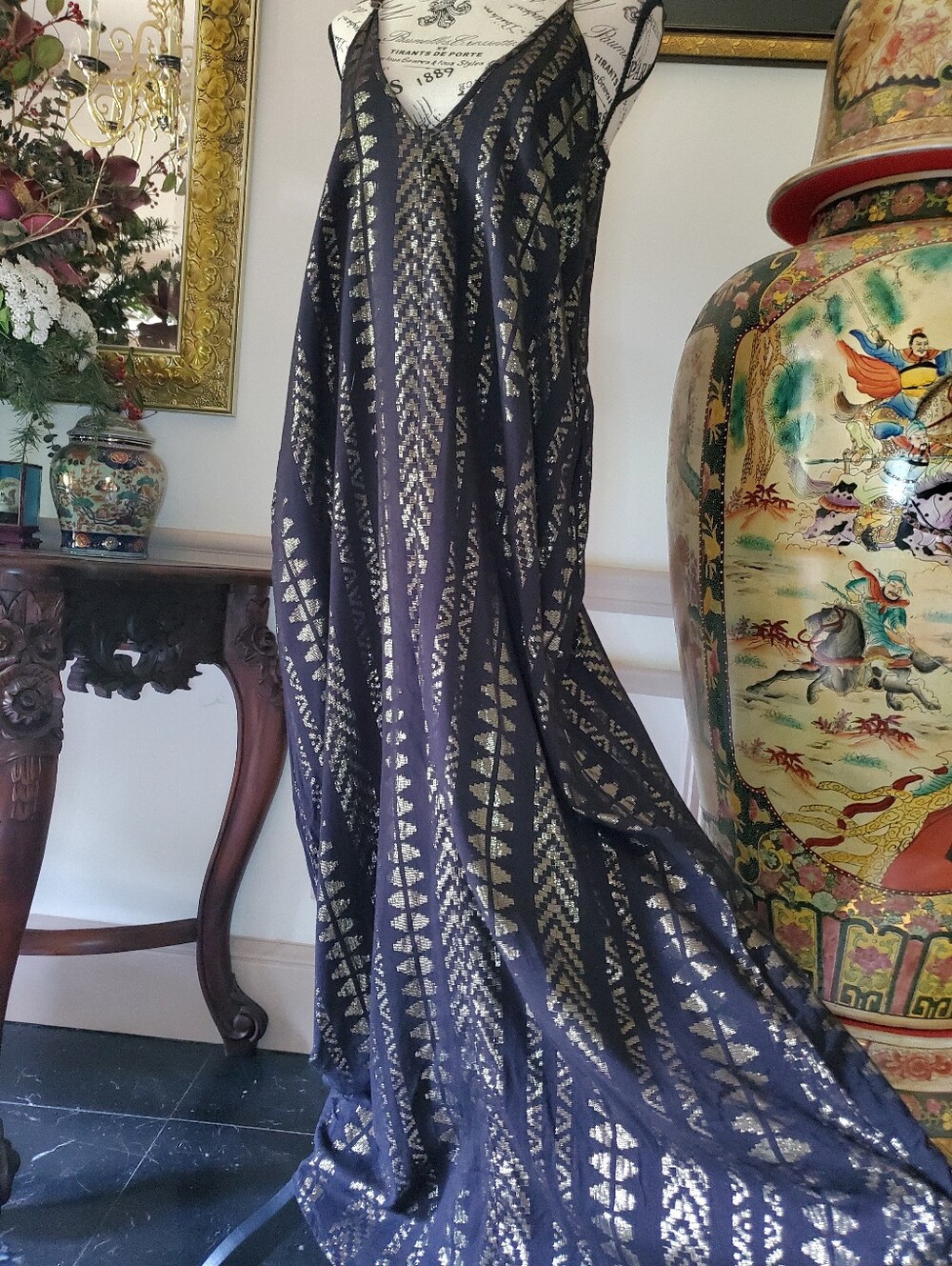 Elan Cleo Grecian Maxi Dress Black Gold Metallic Sz Medium